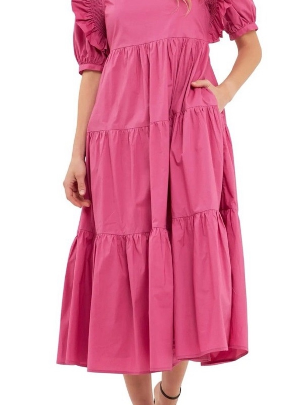 English Factory Pink Tiered Midi Dress Square Neck Ruffled Berry